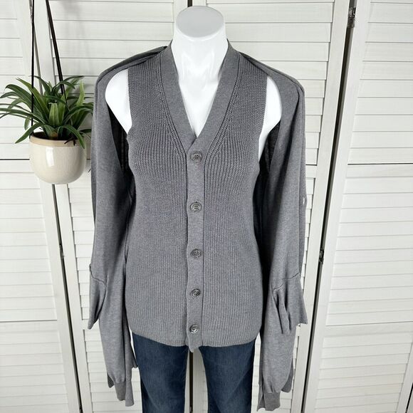Current Air‎ Gray Faux Twinset Knit Vest Cardigan Overlay Sweater Hi-Low Size M - Picture 5 of 8